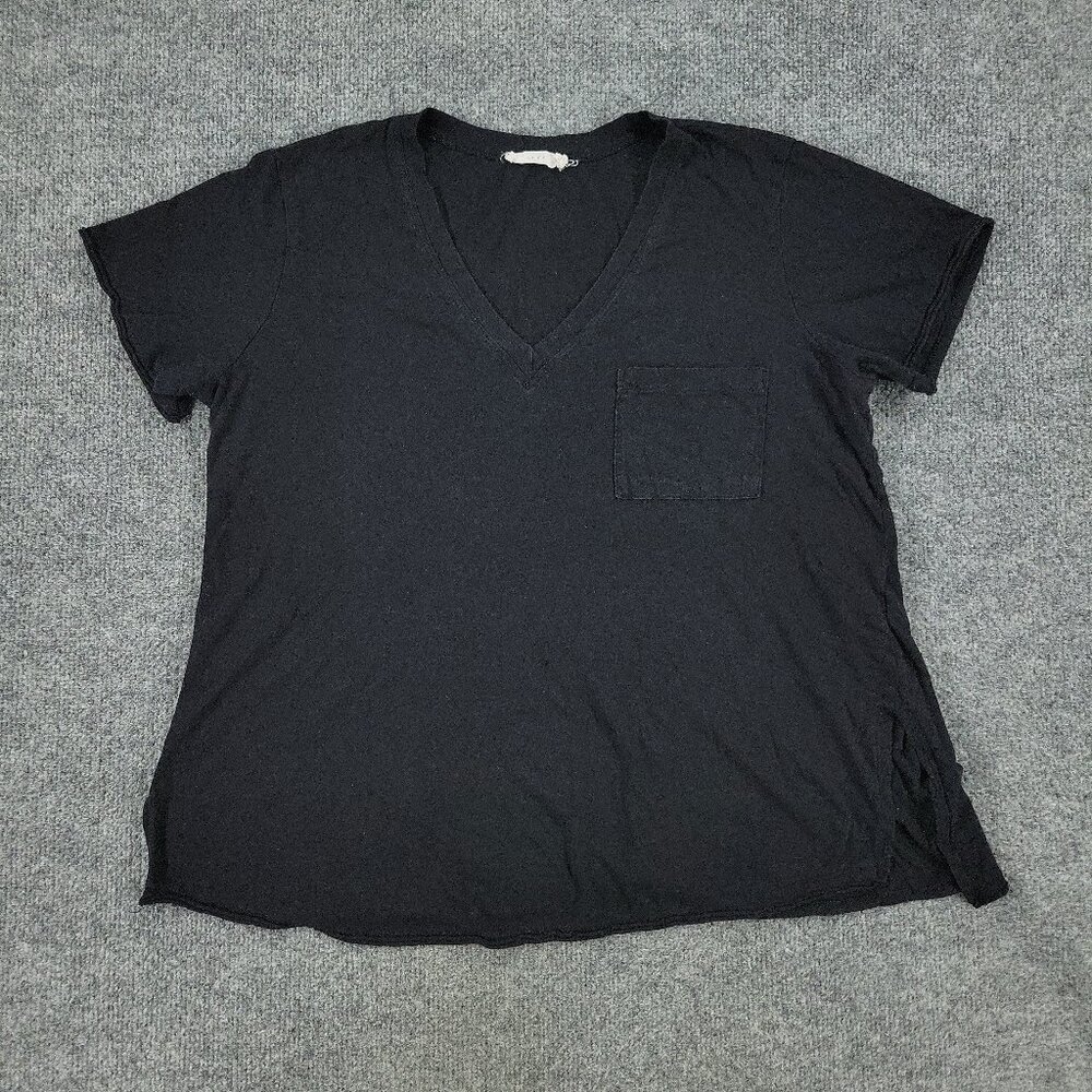 Lush Shirt Women XL Black V-Neck Short Sleeve Top Pocket Stretch Pullover Adult